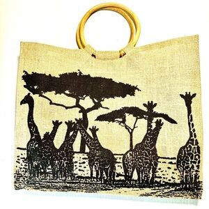 🔵 GIRAFFE Large Burlap Tan Bag Purse With Wood Handle